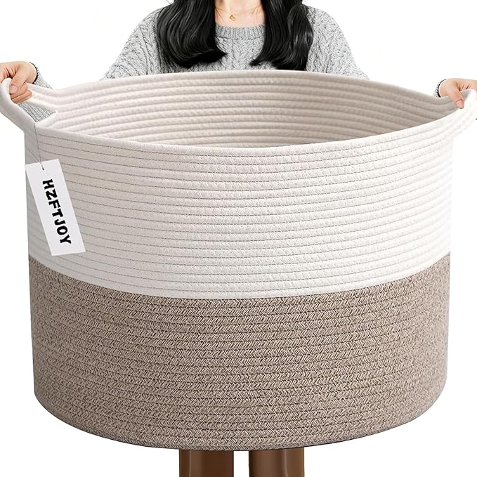 90L Extra Large Blanket Basket,Woven Rope Laundry Basket Hamper with Handles, Decorative Nursery Basket Storage Bin for Toys, Clothes Organizer, Living Room, Bedroom, Bathroom, White & Brown