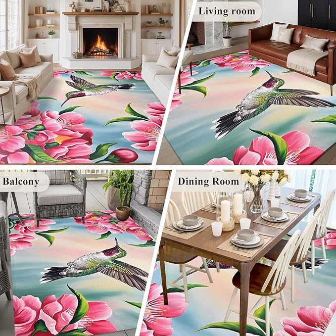 Area Rug 6x9ft, Hummingbird Flower Peach Blossom Washable Rugs for Living Room Bedroom, Nature Oil Painting Art Soft Non-Slip Area Rugs Rectangle Floor Carpet for Dining Room