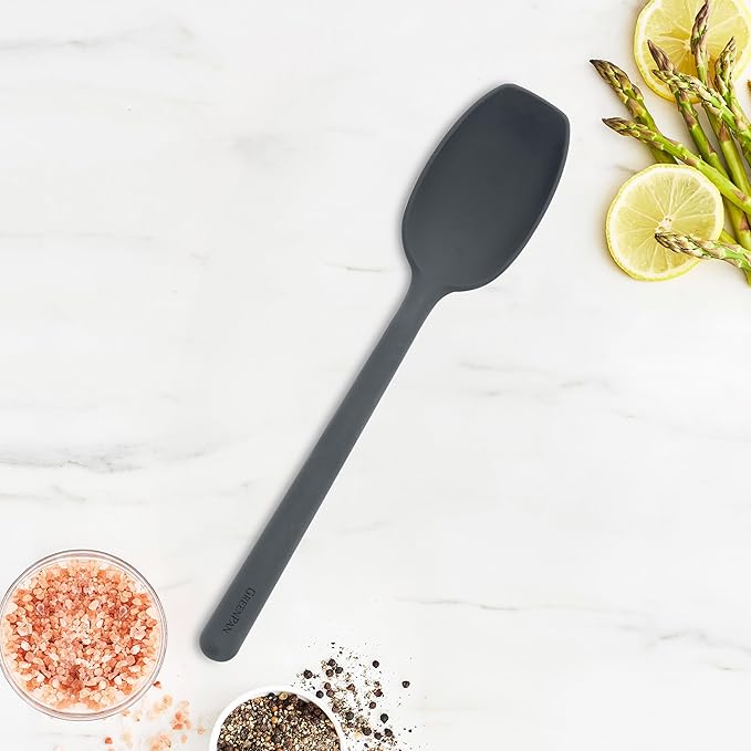 GreenPan Platinum Silicone Flat Head Spoon, Mixing Stirring Serving, Cooking Kitchen Utensil, Flexible Rubber Nonstick Cookware, Steel Core, Anti-Slip & Heat-Resistant, BPA-Free, Dishwasher Safe, Gray
