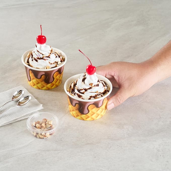 Restaurantware Ice Cream Cups 50 Pack of 8 oz Leak-Resistant Disposable Dessert Bowl Frozen Yogurt Cup Round Paper Container For Cold And Hot Desserts