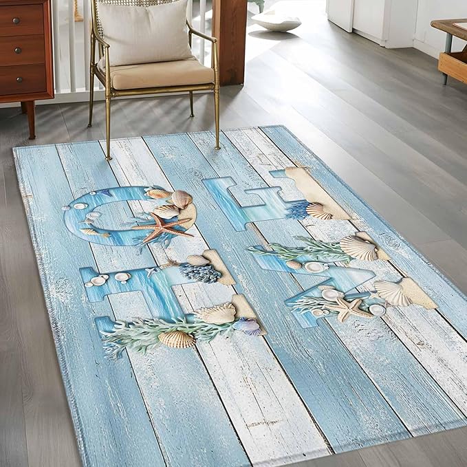 Area Rug 3x5ft, Summer Ocean Beach Shell Home Quote Washable Rugs for Living Room Bedroom, Farm Blue Wood Board Soft Non-Slip Area Rugs Rectangle Floor Carpet for Dining Room