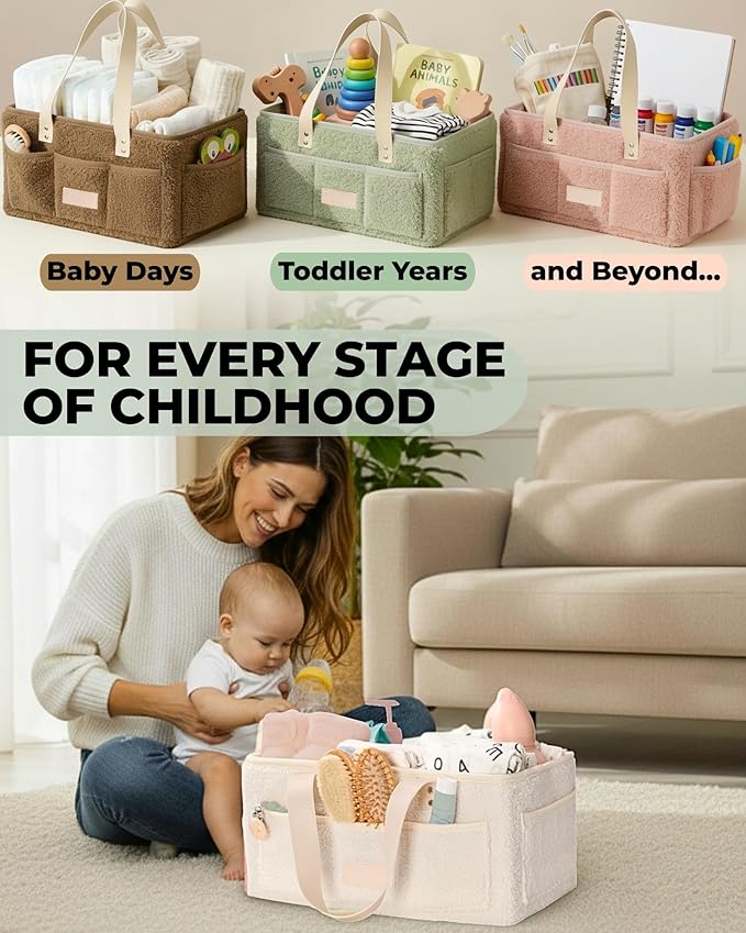 Baby Diaper Caddy Organizer with Portable Changing Mat - Teddy Fleece Diaper Organizer for Changing Table - Basket for Changing Essentials - Baby Essentials Organizer with Removable Dividers