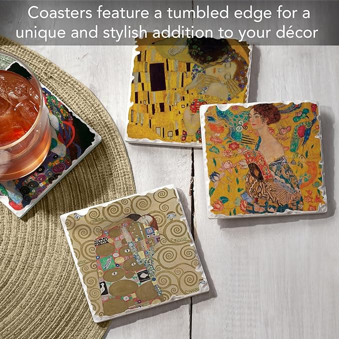 Thirstystone Gustav Klimt 4 Pack Assorted Tumbled Tile Stone Coasters with Protective Cork Backing Manufactured in The USA Absorbent Easily Wipes Clean
