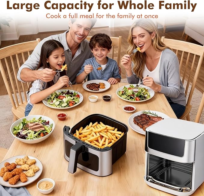 Sweetcrispy 6.34QT Air Fryer, 8-in-1 Air Fryers Oven with Visible Window, 400℉ Fast Heating, Nonstick Dishwasher-Safe Basket, Timer & Auto-Off, Stainless Steel, White