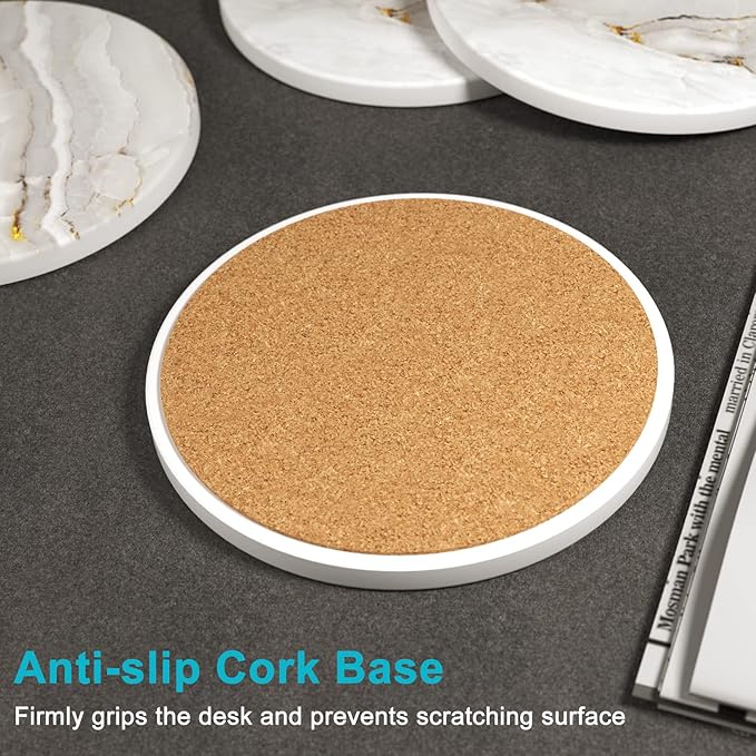 Nipichsha Coasters for Drinks, Set of 6 Cute Absorbent Ceramic Drink Coasters for Cup with Holder and Cork Base, Kitchen Home Decor Housewarming Gift, Round 4 in, White Gold