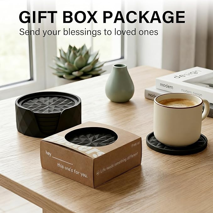 Silicone Coasters for Drinks[6 Pack]- Cup Mat with Holder for Tabletop Protection-Non-Slip, Non-Stick, Coffee Table Decor, Great Gift for Any Occasion, Black