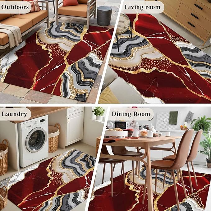 Area Rug 3x5ft, Abstract Flowing Marble Fluid Art Washable Rugs for Living Room Bedroom, Red and Gold Lines Soft Non-Slip Area Rugs Rectangle Floor Carpet for Dining Room