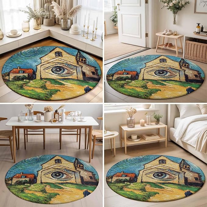 Washable Round Area Rug Abstract Farmhouse Starry Night Eye Circle Rugs Floor Carpet for Living Room Bedroom, Rustic Oil Painting Art Soft Non Slip Round Rug 3ft