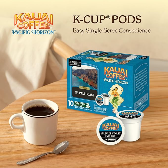 Kauai Coffee K-Cup Pods for Keurig Brewers – Arabica Coffee, 10% Hawaiian – Dark Roast, Nutty with Sweet Chocolate Overtones – Na Pali Coast, 1 Pack of 10 Single Serve K-Cups