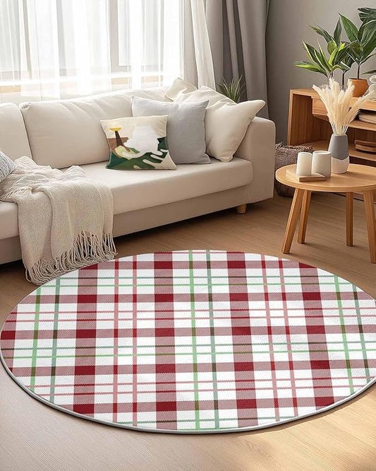 Round Area Rug,Merry Christmas Red Buffalo Plaid Circle Living Room Rug Non-Slip Rugs Indoor Carpet,Green Gradient Stripe Art Soft Comfort Rugs for Bedroom KidsRoom Nursery