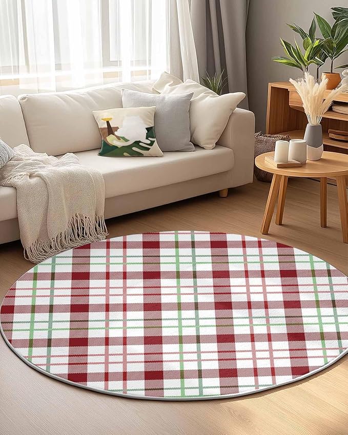 Round Area Rug,Merry Christmas Red Buffalo Plaid Circle Living Room Rug Non-Slip Rugs Indoor Carpet,Green Gradient Stripe Art Soft Comfort Rugs for Bedroom KidsRoom Nursery