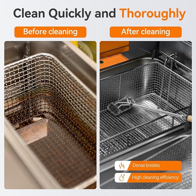 Fryer Cleaning Tools, 3 PCS Stainless Steel Deep Fryer Cleaning Tools, with Deep Fryer L-Shaped Brush, Long Handle Basket Brush and Fryer Cleanout Rod for Restaurants (Stainless Steel, Sliver)