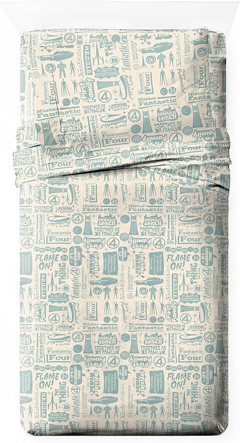 Jay Franco Sheet Set with Fitted, Flat Sheets & Pillow Cover - Ultra-Soft Bedding with Pillowcase for Room Decor, Beige - Fantastic Four, 3 Piece Twin