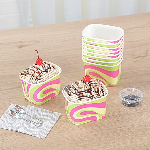 Coppetta 12 Ounce Dessert Cups, 50 Greaseproof Ice Cream Cups - Lids Sold Separately, For Hot And Cold Foods, Pastel Groove Paper Yogurt Bowls, Disposable, Sturdy - Restaurantware