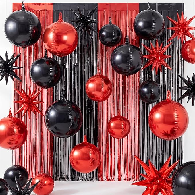 Seenelling 25 Pcs Red and Black Graduation Party Decorations 2026 Sets 22 Inch 4d Large Stars Balloons with Metallic Tinsel Foil Fringe Backdrop Curtains for Birthday Anniversary Wedding Decor