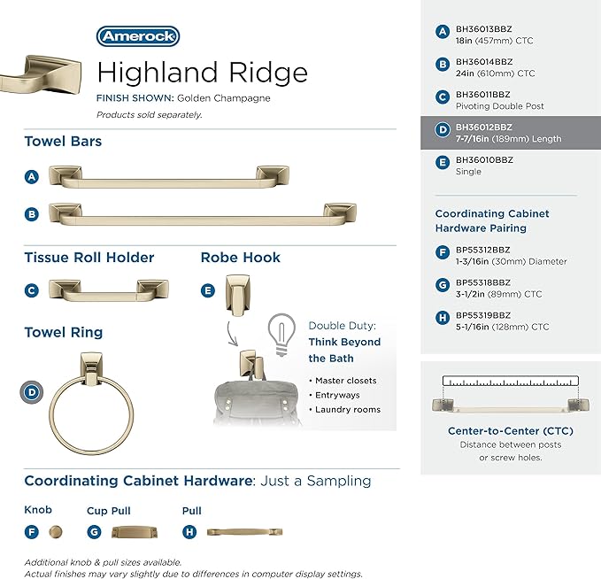 Amerock BH36012 Highland Ridge 7-7/16" Wall Mounted Towel Ring - Golden Champagne