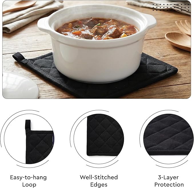 Encasa XO Heat Resistant 100% Cotton Oven Glove & Potholder Set with Loop, Kitchen Cooking Mittens, Microwave Safe Hot Pads (Full Black)
