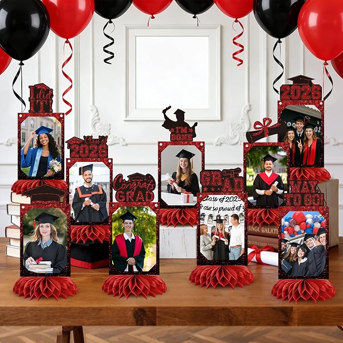9 PCS Graduation Party Decorations Class of 2026 Honeycomb Centerpieces, Honeycomb Centerpieces for Graduation Photo Toppers Table Decorations. (Grad.Red)