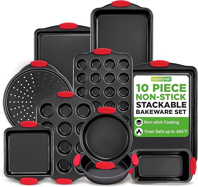 NutriChef 10-Piece Nonstick Kitchen Oven Baking Pans - Premium & Stylish Non-Stick Carbon Steel - Commercial Grade Restaurant Quality Metal Bakeware with Silicone Handles - Easy to Clean, NCSBS10S