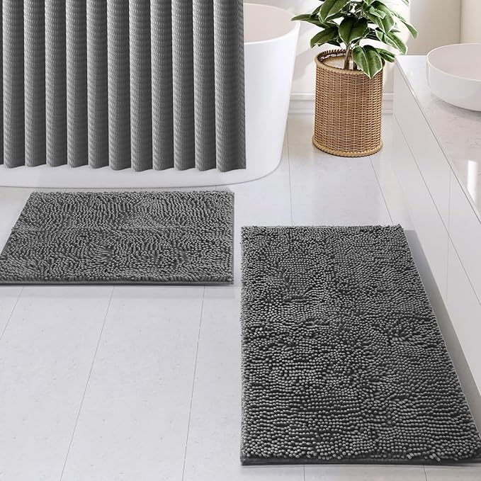 Clara Clark Grey Shower Curtain Set with Rugs - Bathroom Sets with Shower Curtain and Rugs, Fabric Shower Curtains and 2 Bath Mats, Modern Bathroom Shower and Curtain Sets for Tub Or Stall