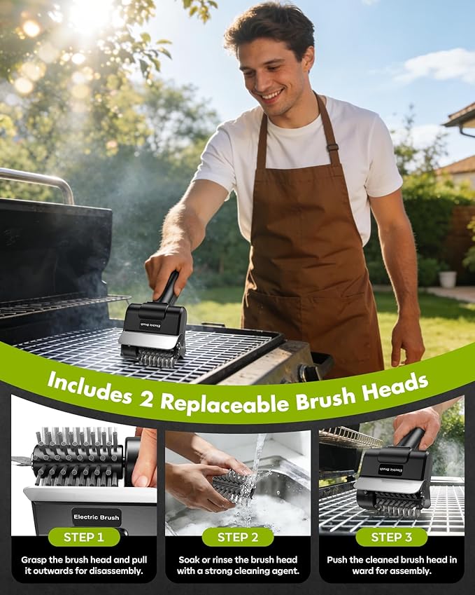 Electric Grill Brush, Rechargeable Electric Grill Cleaner 1500 RPM, 100-Min Runtime, Includes Replacement Brush, Safe for All Grills, BBQ Gift for Men