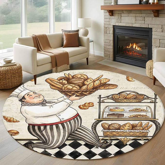Washable Round Area Rug Farmhouse Kitchen Baker Bread Circle Rugs Floor Carpet for Living Room Bedroom, Vintage Black Plaid Soft Non Slip Round Rug 5ft