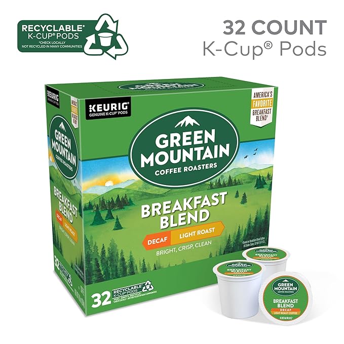 Green Mountain Coffee Roasters, Breakfast Blend Decaf Coffee, Keurig Single-Serve K-Cup Pods, Light Roast, 32 Count