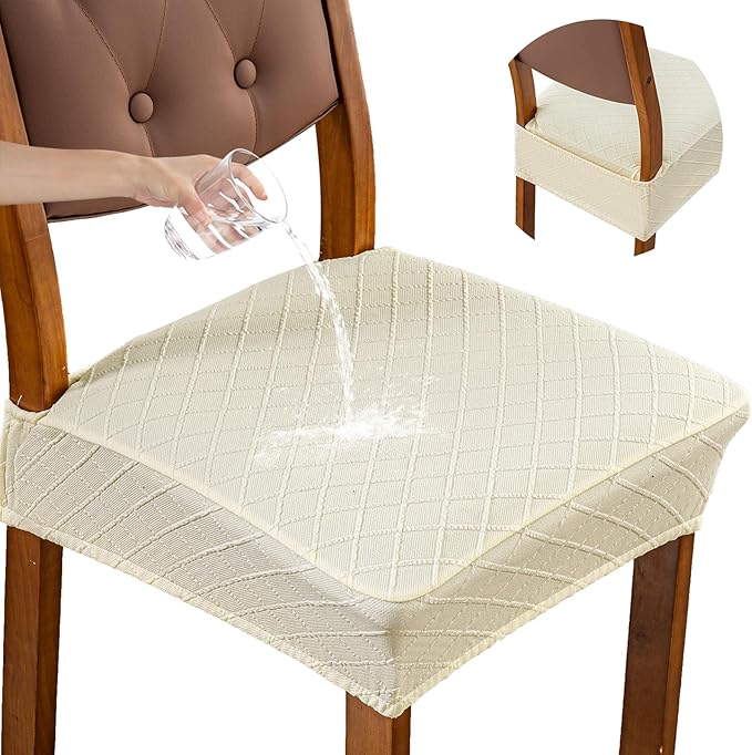 Genina Waterproof Seat Covers for Chairs,Set of 2 Dining Room Chair Seat Covers for Kitchen,Stretch Jacquard Removable Washable Dining Chair Slipcovers Protectors with Rear Covers, Beige