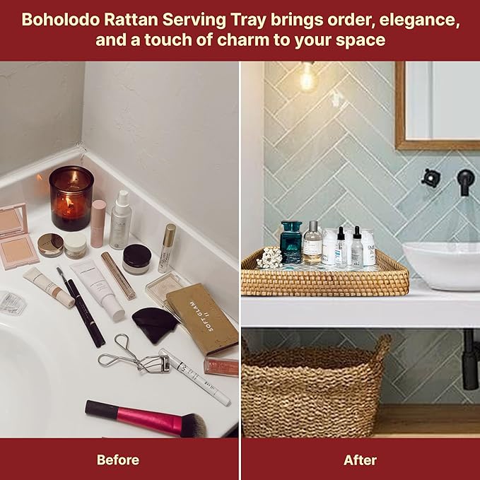 Rattan Rectangle Tray with Mother of Pearl Inlay, Unique Decorative and Serving Tray for Outdoor,Bathroom, Kitchen, Vanity, Perfume, or Coffee Table (Combo Fin 13"&11.8")