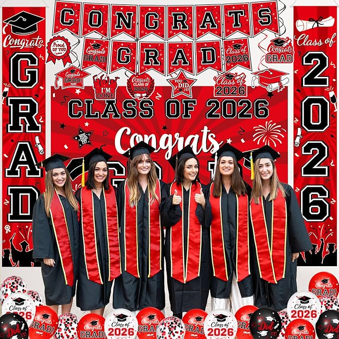 Graduation Decorations Class of 2026 - Red Graduation Party Supplies with Congrats Grad Backdrop & Banner, Hanging Swirls, Porch Sign, Balloons for High School & College Celebrations
