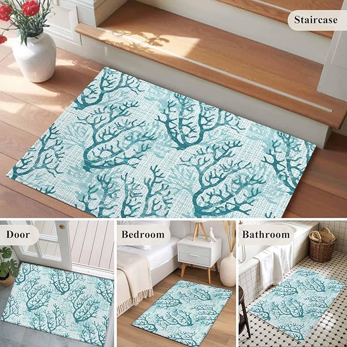 Area Rug 2x3ft, Coastal Sea Coral Retro Linen Washable Rugs for Living Room Bedroom, Underwater Ocean Life Soft Non-Slip Area Rugs Rectangle Floor Carpet for Dining Room