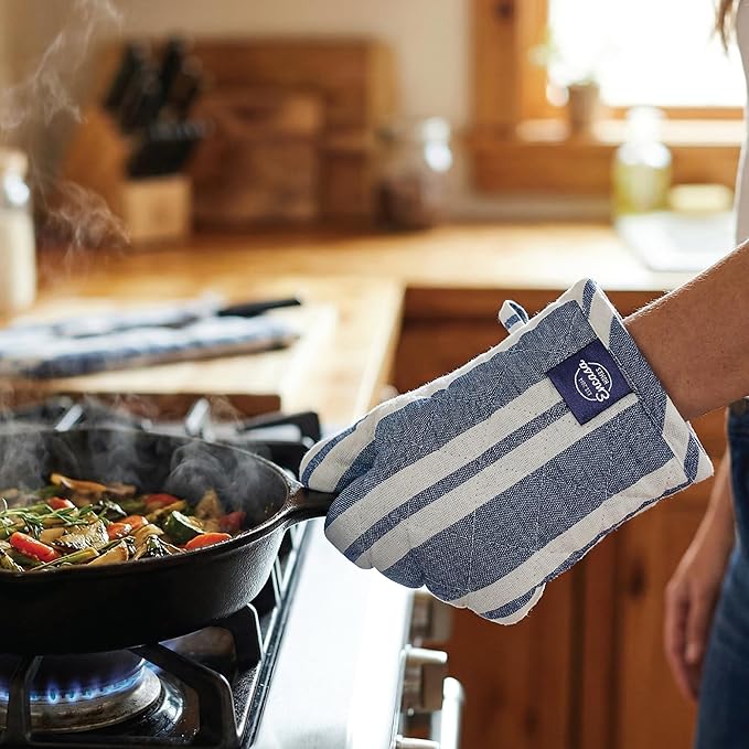 Encasa XO Heat Resistant 100% Cotton Oven Glove & Potholder Set with Loop, Kitchen Cooking Mittens, Microwave Safe Hot Pads (Franca Blue Stripes)
