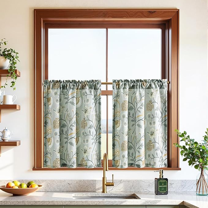 Leeva Farmhouse Style Half Curtains for Windows, Faux Linen Textured Small Cafe Curtain for Kitchen Living Room, Floral on Grey, Rod Pocket, 30 x 24 Inches, 2 Panels