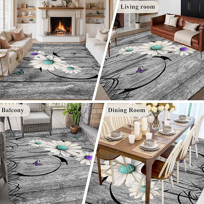 Area Rug 6x9ft, Farm Daisy Shabby Wood Grain Washable Rugs for Living Room Bedroom, Vintage Flower Plant Butterfly Soft Non-Slip Area Rugs Rectangle Floor Carpet for Dining Room