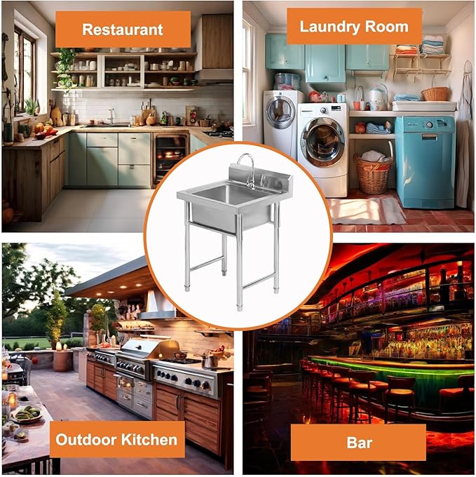 Utility Sink Free Standing Single Bowl, Restaurant Kitchen Sink with Cold and Hot Water Pipe, Stainless Steel Industrial Sink, for Laundry Room Bathroom Farmhouse
