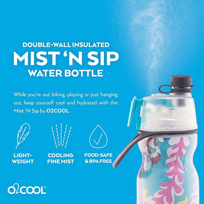 O2COOL Mist 'N Sip Misting Water Bottle 2-in-1 Mist And Sip Function With No Leak Pull Top Spout Reusable Sports Water Bottle - 20 oz (Tropical)