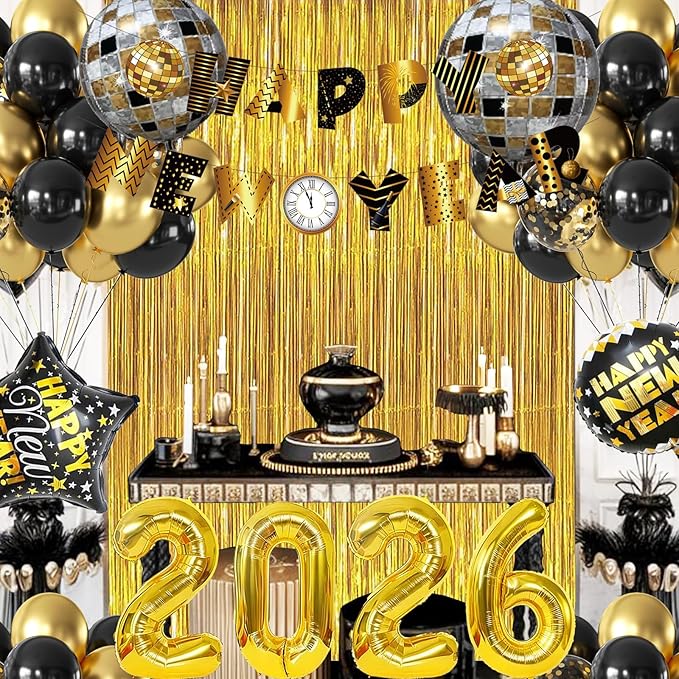 MEHOFOND Happy New Year Party Decoration Supplies 2026 Banner Fringe Curtains, Foil Balloon, Photo Booth Props, Hats, New Years Eve Black and Gold for Kids Adults Photography Kit