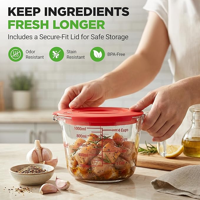 NutriChef 1,2 and 4 Cups Glass Measuring Cup Set with Lids (8, 17 and 34 oz) - Heat-Resistant Borosilicate Liquid Measure Cups with Easy-Read Scale for Cooking, Baking & Food Storage, Dishwasher Safe