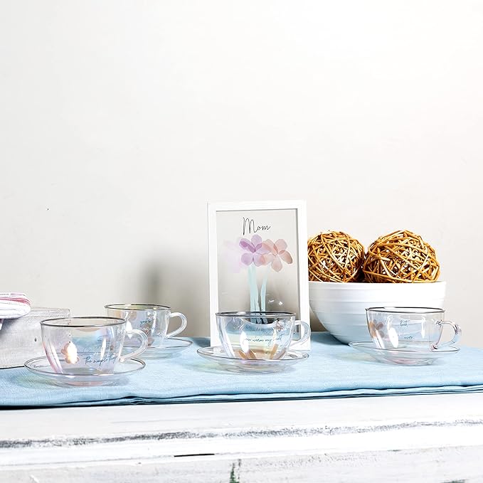 Pavilion Gift Company - Enjoy The Simple Things - 7-ounce Glass Teacup with Saucer Set, Iridescent Coffee Cup, Butterfly Teacup, 1 Count - Pack of 2
