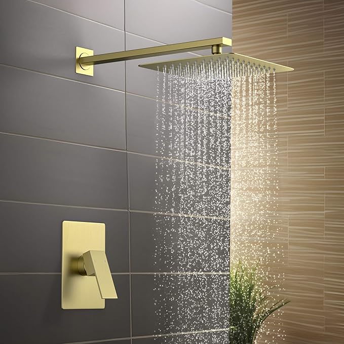 KIBI Cube Bathroom Shower System | Single Function Wall Mounted Shower Faucet Set for Bathroom with Solid Brass Pressure Balanced Construction (Brushed Gold) (KSF411)