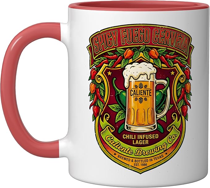 Spicy Fuego Cerveza Chili Texas Drinking Vintage Beer Label Ceramic Mug, Red/White