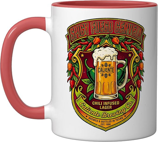 Spicy Fuego Cerveza Chili Texas Drinking Vintage Beer Label Ceramic Mug, Red/White
