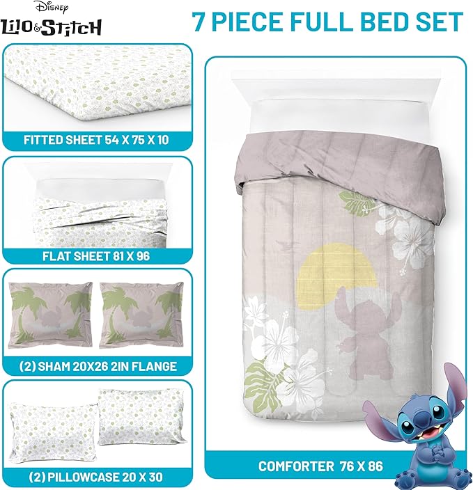 Jay Franco Disney Lilo and Stitch Full Size Comforter Set - 7 Piece Bedding Includes Sheet Set & Pillow Covers - Super Soft Cozy Bedding
