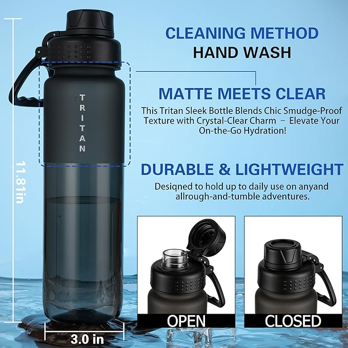 OLDLEY 32oz Frosted Clear Water Bottle, BPA-Free Tritan Plastic Reusable Water Bottle with Fast-Flow Spout Lid, Wide Mouth Leakproof Sports Drinking Bottle for Gym, School, Office, Travel,Black