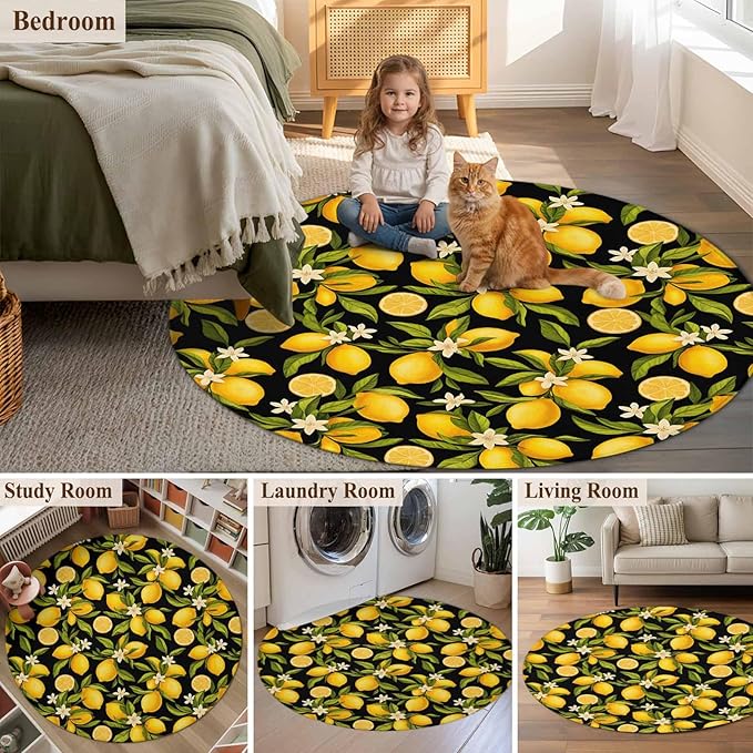 Washable Round Area Rug Summer Lemon Flower Circle Rugs Floor Carpet for Living Room Bedroom, Plant on Black Soft Non Slip Round Rug 3ft