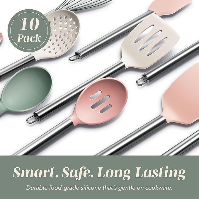 COOK WITH COLOR Silicone Cooking Utensils, Kitchen Utensil Set, Easy to Clean Silicone Kitchen Utensils, Cooking Utensils for Nonstick Cookware, Kitchen Gadgets Set, 10 Pieces, Mint