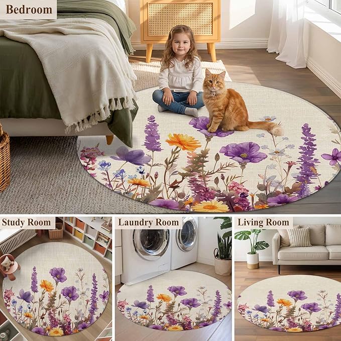 Washable Round Area Rug Country Flower Purple Lavender Plant Circle Rugs Floor Carpet for Living Room Bedroom, Retro Linen Soft Non Slip Round Rug 4ft