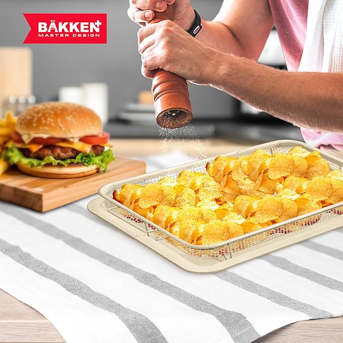 Bakken- Swiss Crisper Tray with White Marble Coating - 2-Piece Large Set – Non-Stick Basket for Healthier Cooking in Regular Ovens - Perfect for Crispy Chips, Bacon & More