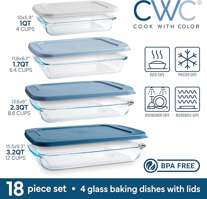 COOK WITH COLOR 8-Piece Deep Glass Baking Dish Set with Plastic Lids – Casserole and Food Storage Containers for Lasagna, Leftovers – Freezer-to-Oven, Microwave & Dishwasher Safe, Blue