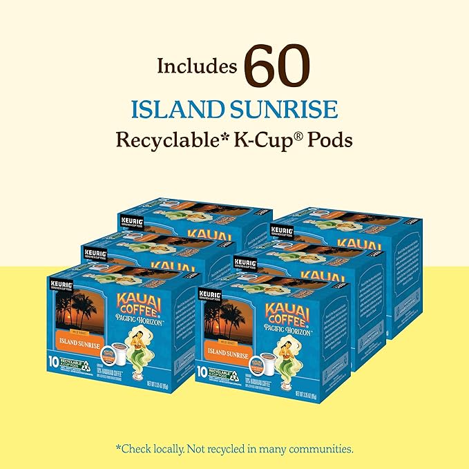 Kauai Coffee K-Cup Pods for Keurig Brewers – Arabica Coffee, 10% Hawaiian – Mild Roast, Light with Bright Aroma – Island Sunrise, 6 Packs of 10 Single Serve K-Cups